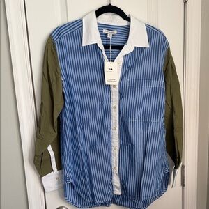 NWT Blue Striped Button-Up Shirt with Olive Sleeves